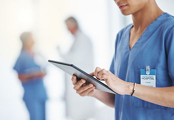 Image showing Man, hands and nurse with tablet for research, telehealth or healthcare in hospital. Technology, medical professional and hand of male doctor with touchscreen, wellness app and online consultation.