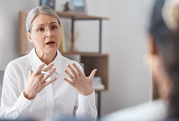 Image showing Woman, therapist and consulting patient in mental health, psychology or healthcare counseling. Female person or psychologist talking to client with anxiety, stress or problems in therapy consultation