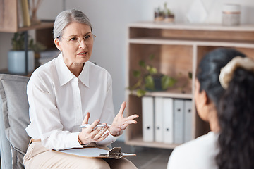 Image showing Woman, therapist and consulting patient for counseling, mental health or psychology in healthcare. Female person or psychologist talking to client in anxiety, stress or issues in therapy consultation