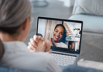 Image showing Woman, laptop and video call for virtual meeting, webinar or consulting in remote work at home. Female person or consultant talking on computer in seminar for networking, therapy and communication