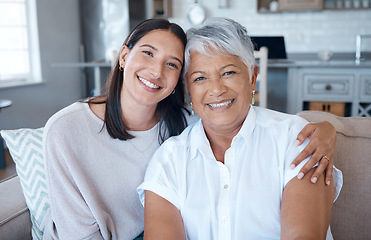Image showing Hug, sofa and portrait of elderly mother and daughter smile for care, trust and support on sofa or couch in a home. Happiness, love and women relax together in a living room or lounge on mothers day