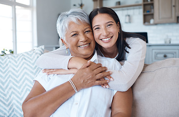 Image showing Hug, sofa and portrait of women smile for care, trust and support on a couch in a home together for mothers day. Happiness, love and elderly mother and daughter relax in a living room or lounge