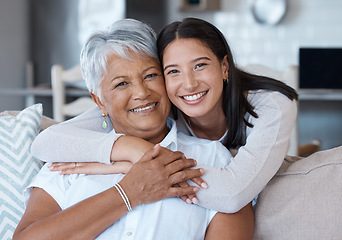 Image showing Hug, mothers day and portrait of women smile for care, trust and support on a sofa or couch in a home together. Happiness, love and elderly mother and daughter relax in a living room or lounge