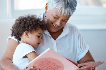 Image showing Family, girl and grandmother reading a book, story and quality time with happiness, bonding and fairy tale. Granny, female grandchild or kid with fun, literature or learning to read at home and relax