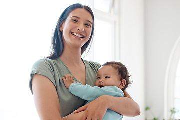 Image showing Mother, baby and happy portrait in home for love, care and quality time together for trust, growth and development. Mom, infant and holding newborn girl, kid and support of happiness in nursery room