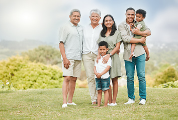 Image showing Portrait, smile and family outdoor, nature and bonding with love, care and happiness on a weekend break. Face, grandparents and mother with father, kids and children outside, vacation and affection