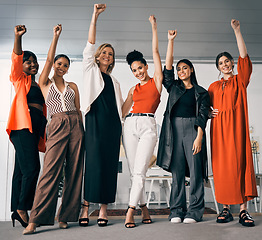 Image showing Fist, power and business women standing together. for success, winning and gender equality or fight for human rights. Portrait, teamwork and group of people with empowerment, yes hands or celebration