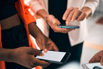 Image showing Phone screen, mockup and people hands typing for business communication, contact us and social media chat. Mobile app, networking and group of women for connection, collaboration and internet search