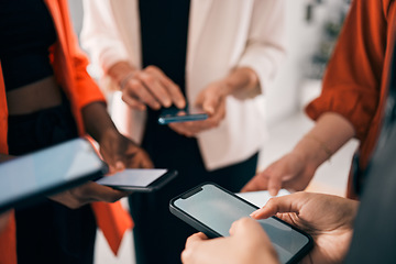 Image showing Contact us, phone and people hands typing for business communication, networking and social media chat. Mobile app, screen and group of women in circle, connection and Web 3.0 or internet in office