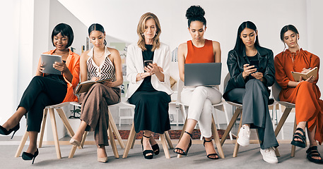 Image showing Waiting room, technology and women with job search on phone, tablet and laptop or notebook planning. Gender equality, diversity and group of people in line on mobile, digital and website recruitment