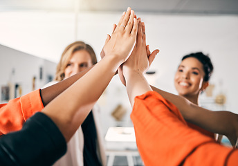 Image showing High five, teamwork and business people in meeting celebration, success and collaboration for faith or goals. Solidarity, winning and happy group of women, hands together and team support in office