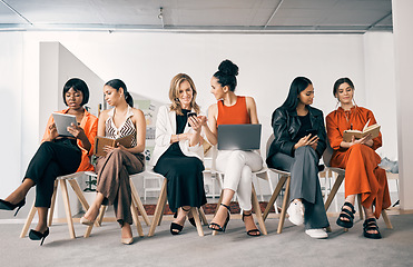 Image showing Waiting room, networking and business women with job search on phone, tablet and laptop or notebook planning. Gender equality, diversity and group of people talking, teamwork and career collaboration