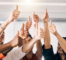 Image showing Success, thumbs up and group of people for thank you, support or teamwork hands winning, yes and like emoji. Great, okay and business women or team in collaboration, thanks and winner sign at office