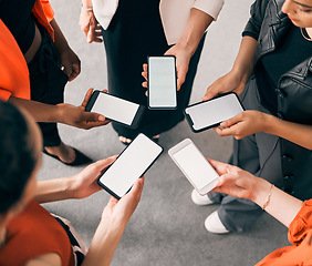 Image showing Contact us, phone screen and women hands for business communication, networking and social media. Mobile app, space and group of people in circle, connection and Web 3.0 advertising mockup in office