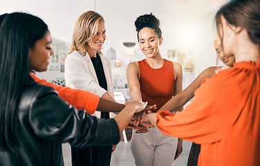 Image showing Hands together, teamwork and women in support, collaboration goals and community or solidarity in office. Circle, group of people and team work, faith or stack sign for startup mission or empowerment