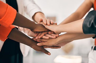 Image showing Hands stacked, support and group of people with teamwork, collaboration goals and community or solidarity in zoom. Diversity women, circle and team work, faith or together sign for project or startup