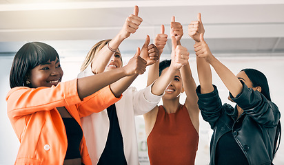 Image showing Success, thumbs up and business women with teamwork, support and group hands for winning, yes and like emoji. Great, okay and diversity people or team collaboration, thanks and winner sign at office