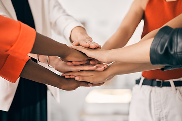 Image showing Hands together, support and group of people with teamwork, collaboration goals and community or solidarity in zoom. Diversity women, circle and team work, faith or stacked sign for project or startup