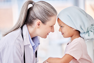 Image showing Smile, doctor and child on bed in hospital for children, health and pediatrician with support in cancer treatment. Pediatrics, healthcare and kid, happy medical professional with young clinic patient