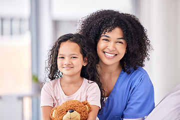 Image showing Portrait, nurse and child on bed in hospital for children, health and support in expert medical treatment. Pediatric healthcare, kids and happy face of nursing caregiver with young patient at clinic.