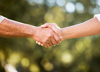 Image showing B2b, handshake and business partnership outdoor with deal success, agreement and farmer meeting. Shaking hands, collaboration and agriculture employee people with greeting and thank you with bokeh