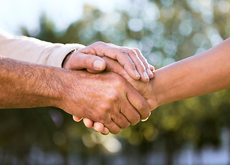 Image showing B2b, handshake and sustainability business outdoor with deal success, agreement and farmer meeting. Shaking hands, collaboration and agriculture employee people with greeting and thank you with bokeh