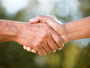 Image showing Team hands, handshake and business partnership outdoor with deal success, agreement and farmer meeting. Shaking hands, collaboration and agriculture people with greeting and thank you with bokeh