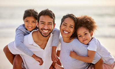 Image showing Vacation, beach and portrait of parents with children excited for holiday together at the sea or ocean in summer. Love, father and mother smile with kids relax, care and travel for an adventure