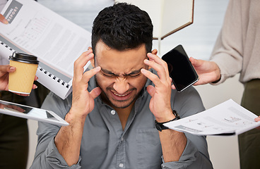 Image showing Business man, stress headache and burnout from work chaos and company document in a office. Anxiety, frustrated and male employee feeling overworked from deadline, paperwork and project problem