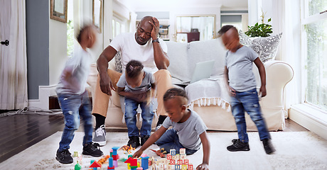 Image showing Headache, child and father on a sofa with chaos, stress and son living with adhd in their home. Single parent, anxiety and black man with migraine from boy with autism, noise or high energy in lounge