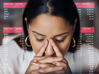 Image showing Woman, stress and stock market crash on dashboard with code and report for data analysis. Face of female broker with digital overlay for stocks, trading and anxiety for investment fail or crisis