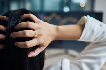 Image showing Business woman, stress and hand on head for stock market crash, debt or review. Back of female broker at computer for SEO, trading and anxiety for fail or financial crisis, problem or investment risk