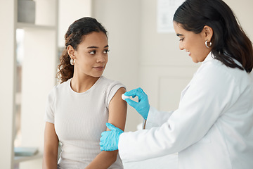 Image showing Patient, consultation and cotton with doctor for vaccine for wellness and safety from virus. Healthcare, hospital and disinfect woman for vaccination with a smile to help with medicine for arm.