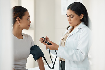 Image showing Healthcare, blood pressure and doctor with a patient for a consultation in the hospital. Medicine, equipment and medical worker checking hypertension of a woman at a checkup in a medicare clinic.