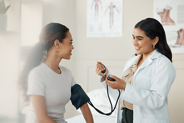 Image showing Doctor, blood pressure and patient in a consultation, wellness checkup and appointment with diagnosis, talking and results. Healthcare, woman and medical physician with cuff for hypertension or test