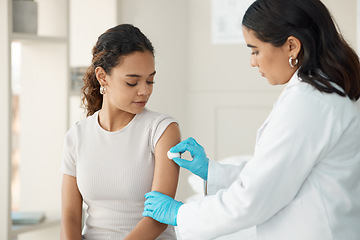 Image showing Healthcare, cotton and arm for vaccine at the hospital for safety or cure for virus or disease. Doctor, clinic and patient before vaccination for consultation with gloves for medical care and help.