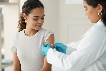 Image showing Doctor, patient and plaster for vaccination at a clinic for health and wellness for virus. Healthcare, vaccine and patch at the hospital with cure for safety with medical results with medicine.