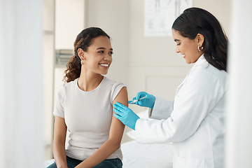 Image showing Injection, vaccine and patient at the clinic for consulting and help with prevention with a smile. Doctor, inject and woman on arm for virus with gloves in medical room for wellness or health.