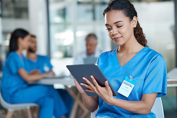 Image showing Hospital, doctor and woman on tablet for medical analysis, research and diagnosis report. Healthcare, clinic and happy female nurse on digital tech for wellness app, online consulting and service