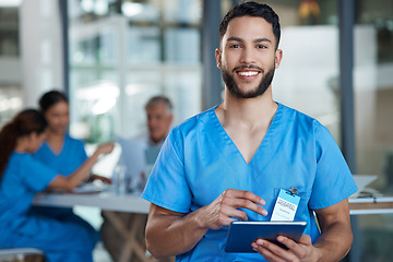 Image showing Hospital, doctor and portrait of man on tablet for medical analysis, research and report in meeting. Healthcare, clinic and male nurse on digital tech for wellness app, online consulting and service