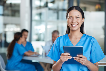 Image showing Hospital, doctor and portrait of woman on tablet for medical analysis, research and internet. Healthcare, clinic and happy female nurse on digital tech for wellness app, online consulting and service