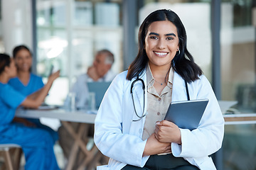 Image showing Healthcare, doctor and portrait of woman on tablet for medical analysis, research and internet. Hospital, clinic and happy female nurse on digital tech for wellness app, online consulting and service