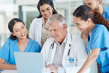 Image showing Hospital, teamwork and doctors in meeting on laptop for medical analysis, research and internet. Healthcare, clinic and men and women on computer for telecommunication, online consulting and service