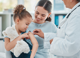 Image showing Mom, girl and doctor with vaccine injection, cotton ball and flu shot on arm for disease prevention in hospital. Woman, pediatrician or nurse and immunity of child against virus, bacteria or covid