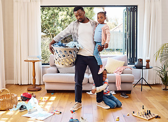 Image showing Family, chaos and father with children in home shouting with anger, frustrated and upset emotions. Tantrum, discipline and tired dad with kids screaming with mess, laundry and toys in living room