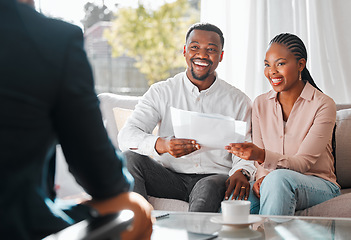 Image showing Broker, couple and contract paper in a house while in meeting or consultation for mortgage advice. Financial advisor with a happy black man and woman for investment, savings plan and insurance