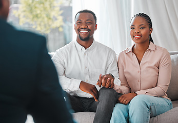 Image showing Broker, couple and talking in a house for a meeting or consultation for mortgage advice. Financial advisor with a happy black man and woman to explain investment, savings plan or budget and insurance