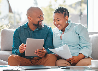 Image showing Finance, married couple with tablet and documents for pay their bills online n a living room of their home. Technology or loan, budget or payment and happy people with paper on a couch together