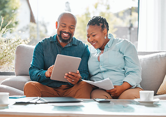 Image showing Technology, married couple with tablet and documents for pay their bills in a living room of their home. Finance or loan, budget or payment and black people with paper on a couch happy together