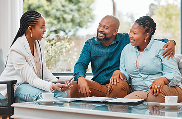 Image showing Planning, married couple with financial advisor and documents in living room of a home. Paperwork or budget, investment and female accountant with people in a meeting sitting on furniture together